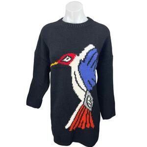 Akep Black Wool Knitted Bird Print Long Sleeve Pullover Mini Sweater Dress S/M